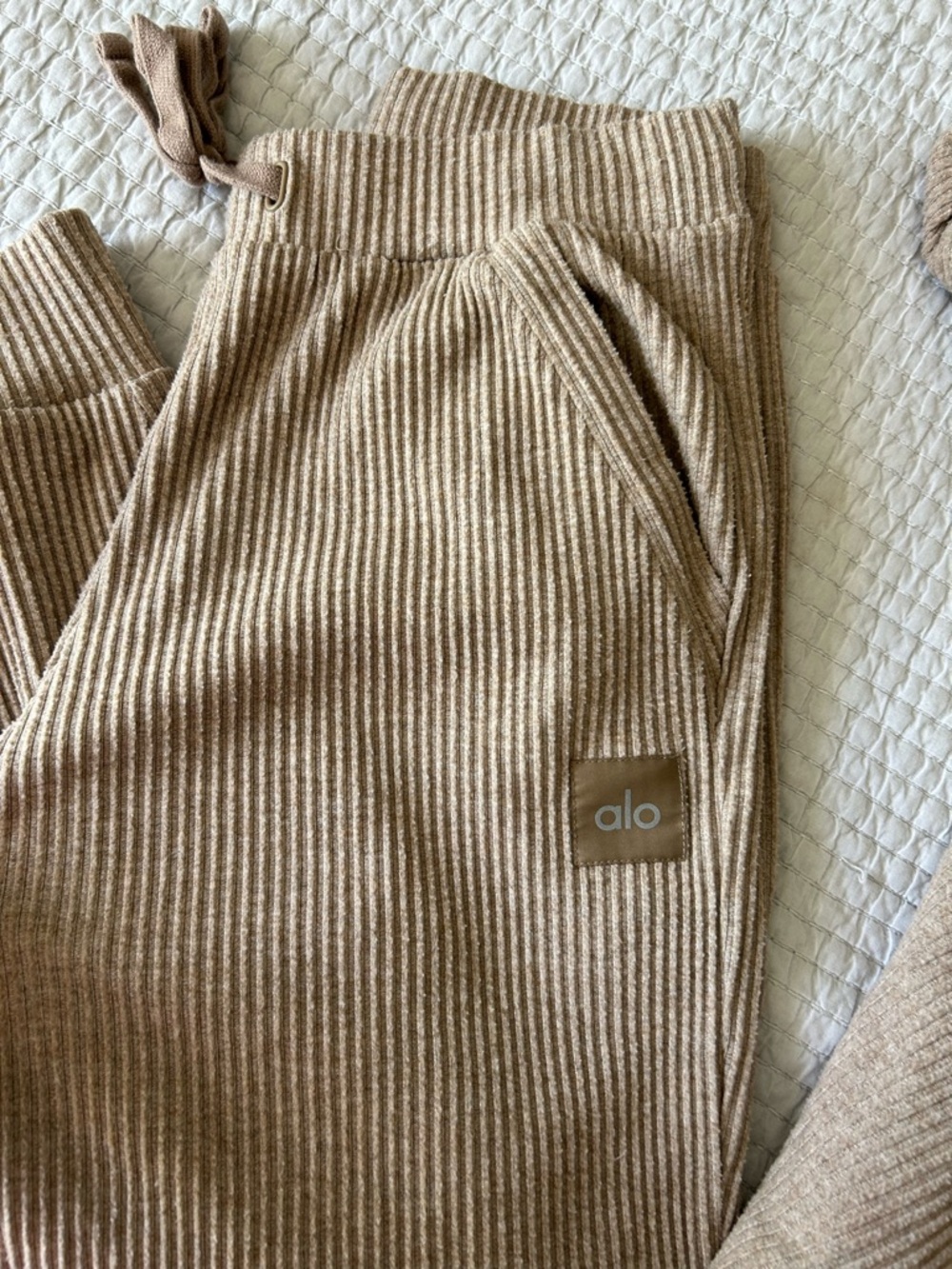 ALO Yoga Ribbed Hoodie & Jogger Set in Neutral Beige - Picture 3 of 5